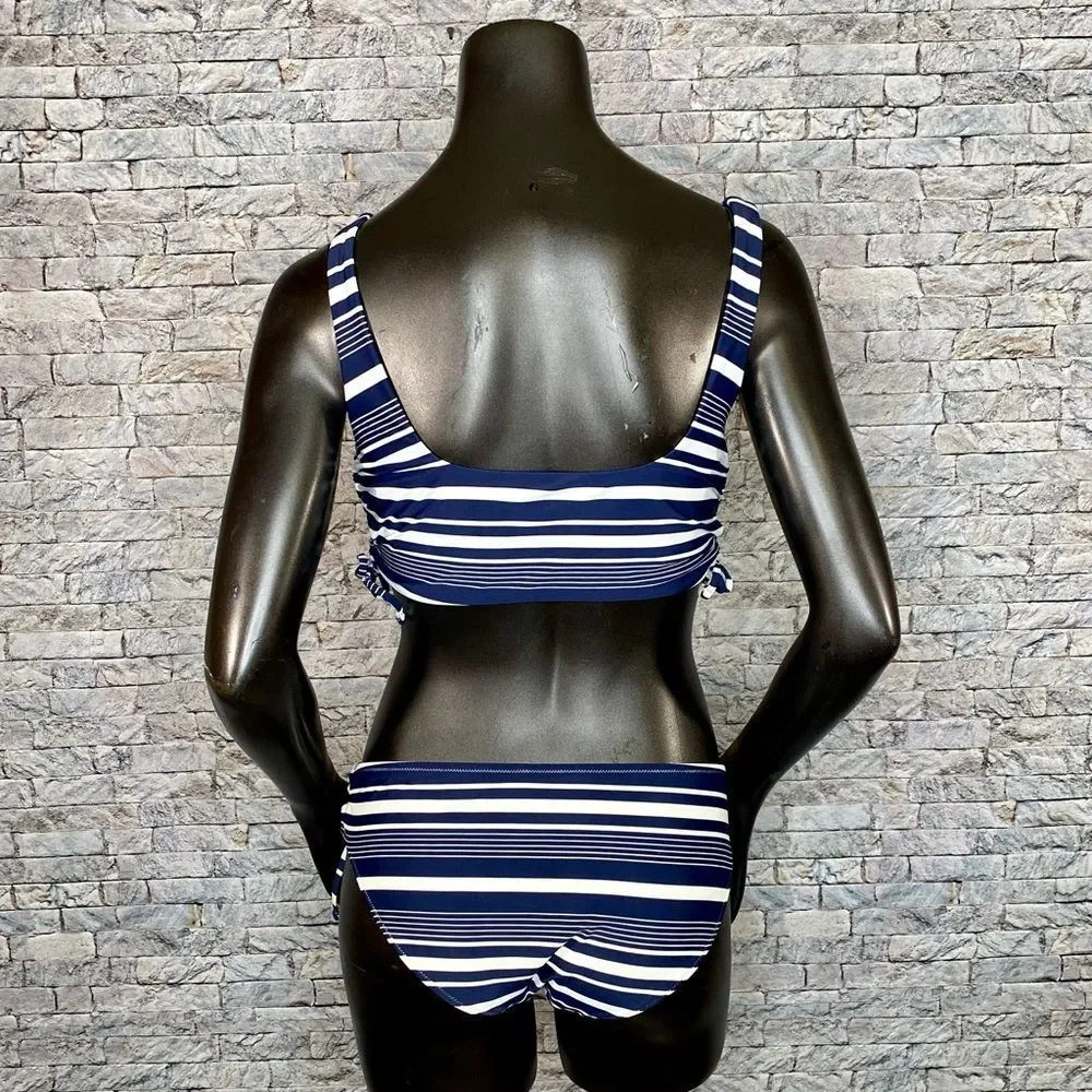 Aerie Bikini Scoop Side Tie SZ Medium Navy Blue White Stripe Wide Strap